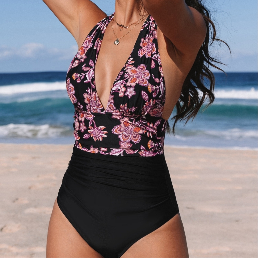 NWT CUPSHE Retro Boho Plunging Halterneck Tummy Control One-Piece Floral Size L